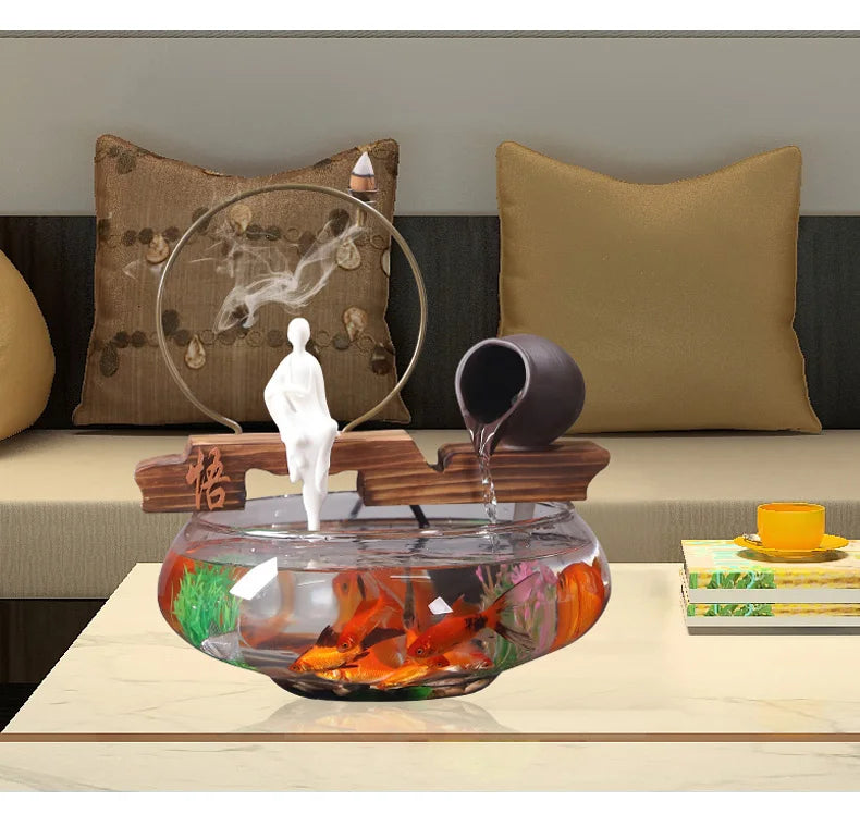 Creative Mini Glass Fish Tank Aquarium Self-Circulation Home Living Room