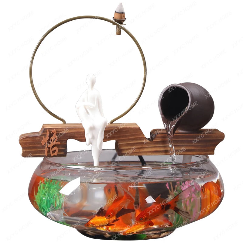 Creative Mini Glass Fish Tank Aquarium Self-Circulation Home Living Room